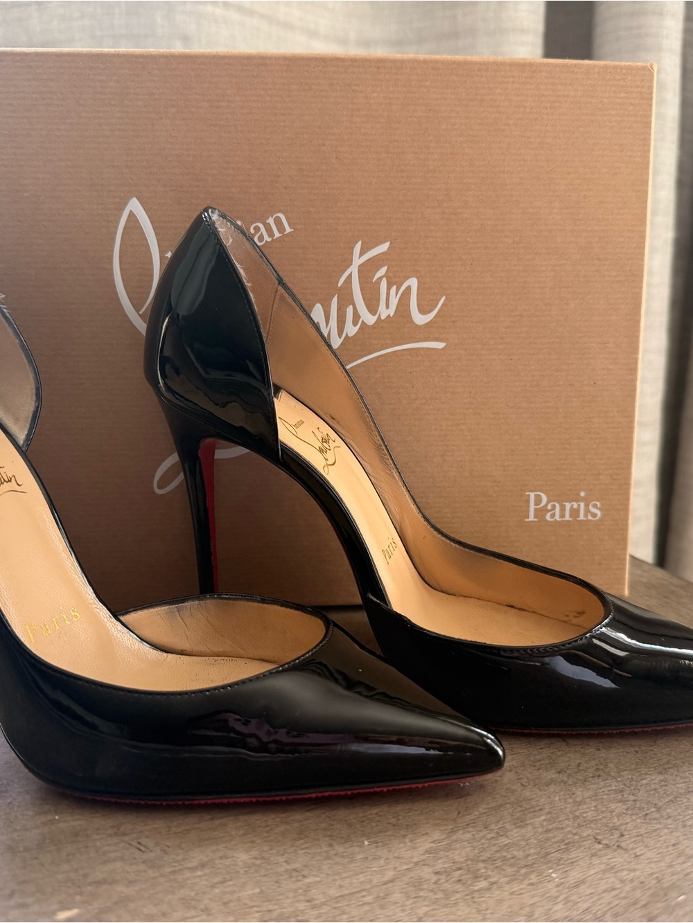 Christian Louboutin Black Patent Pointed-Toe Stiletto Pumps with Red Sole